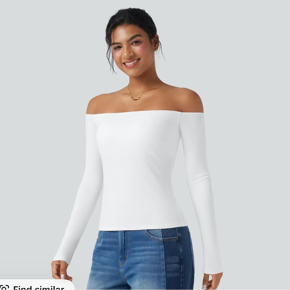 NWT HALARA Ribbed Knit Off Shoulder Short Sleeve 2-in-1 Casual Top